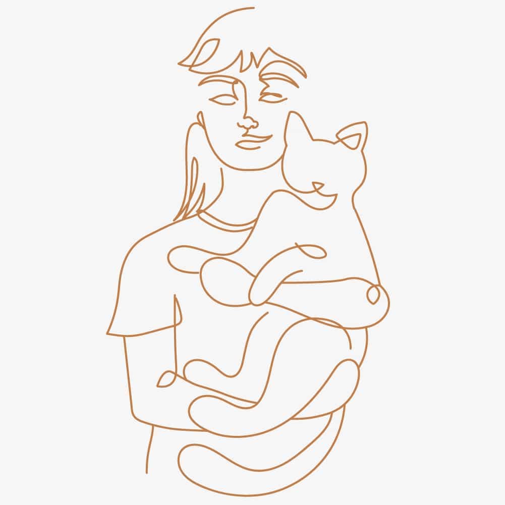 Strichzeichnung: Person mit Katze auf dem Arm