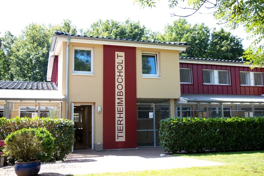 Eingangsgebäude des Tierheims Bocholt mit rotem Schriftzug an der Fassade